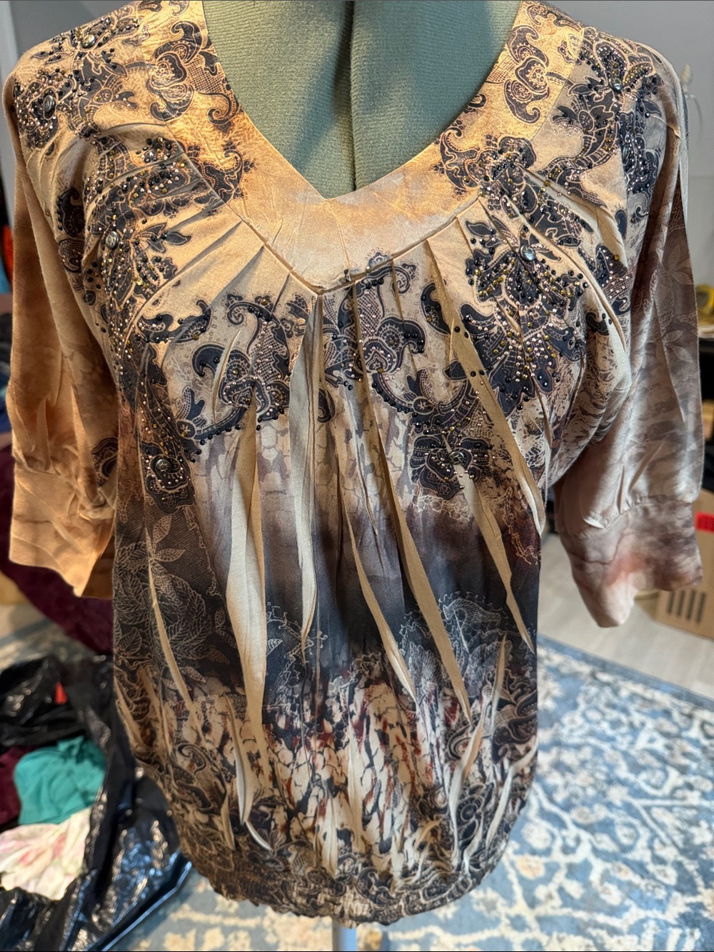new directions Beige and Black Paisley V-Neck Beaded Blouse